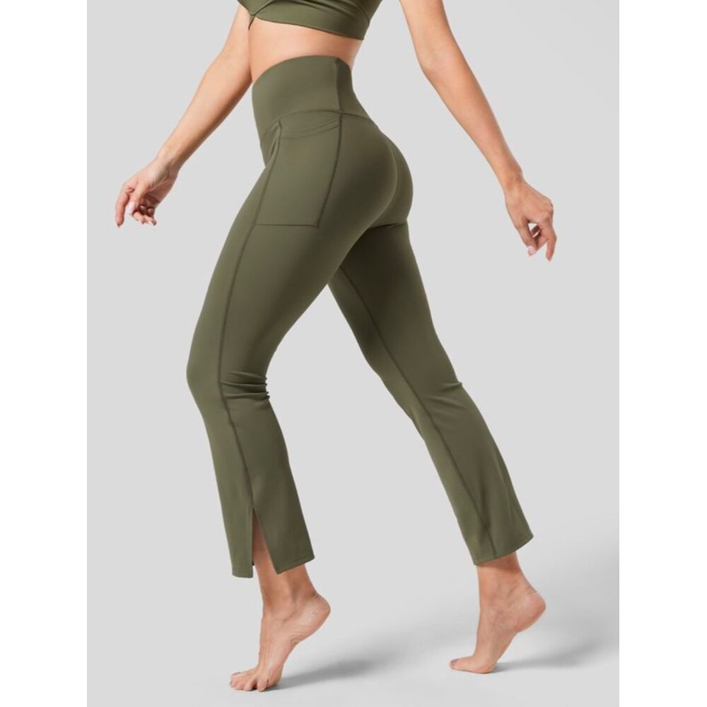 Halara Softlyzero Plush High Waisted Side Split Hem Sz Small Green Ankle Length